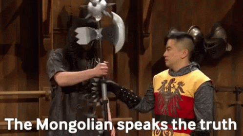 Two Men Are Standing Next To Each Other With The Words The Mongolian Speaks The Truth Behind Them . GIF