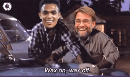 Two Men Are Standing Next To Each Other With The Words Wax On Wax Off On The Bottom GIF