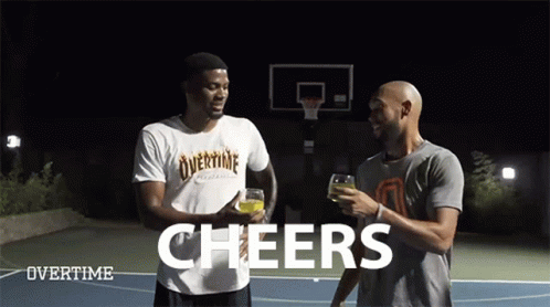 Two Men Are Standing On A Basketball Court With The Words Cheers Above Them GIF