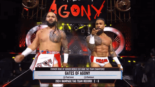 Two Men Are Standing On A Stage With The Word Agony On It GIF