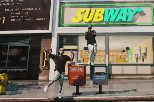 Two Men Are Standing Outside Of A Subway Restaurant GIF