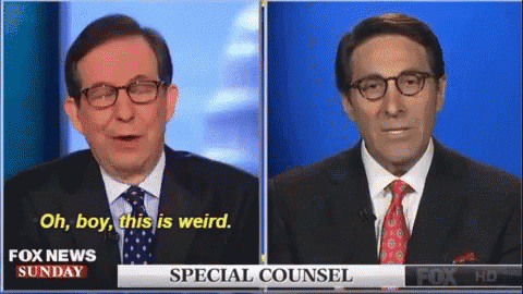 Two Men Are Talking On Fox News Sunday And One Of Them Says " Oh Boy This Is Weird " GIF