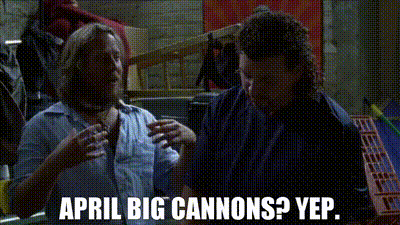 Two Men Are Talking To Each Other In A Dark Room And The Words April Big Cannons Yep Are Written On The Screen . GIF