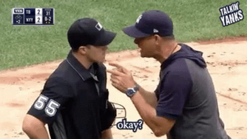 two men are talking to each other on a baseball field and one of them is wearing a shirt with the number 55 on it .