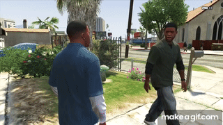 Two Men Are Walking Down A Sidewalk In A Video Game With Make A Gif.com At The Bottom Of The Screen GIF