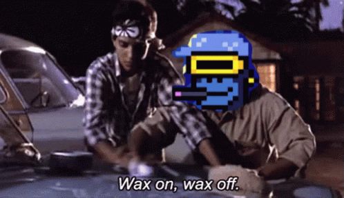 Two Men Are Waxing A Car With The Words Wax On Wax Off Below Them GIF