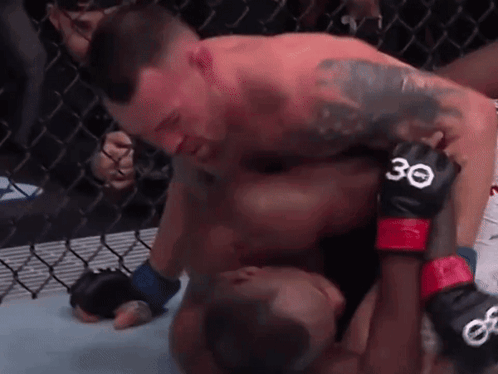 Two Men Are Wrestling In A Cage And One Of Them Has The Number 30 On His Gloves . GIF