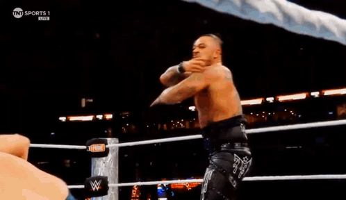 Two Men Are Wrestling In A Ring With A Crowd Watching . One Of The Men Is Pointing At The Camera . GIF