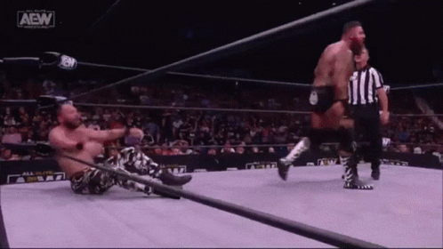 Two Men Are Wrestling In A Ring With A Referee And A Sign That Says Aew On It GIF