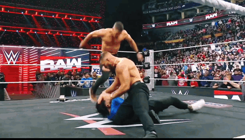 two men are wrestling in a wrestling ring with a crowd watching and a sign that says raw