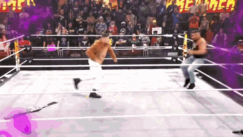 two men are wrestling in a wrestling ring with a crowd watching