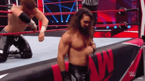 Two Men Are Wrestling In A Wrestling Ring With A Sign That Says W On It GIF