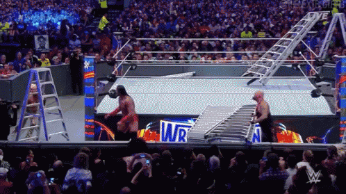 two men are wrestling in a wrestling ring with the word wr on the ring