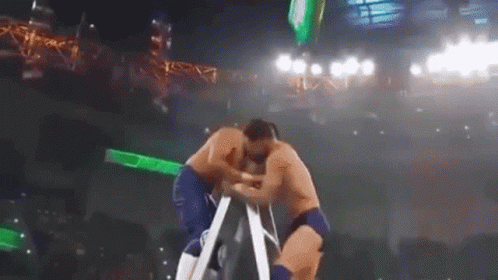 Two Men Are Wrestling On A Ladder In A Stadium While A Crowd Watches . GIF