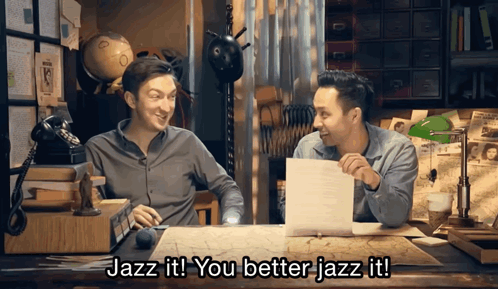 Two Men At Desk One Says Jazz It GIF