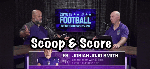 Two Men at Table with Scoop & Score Sign