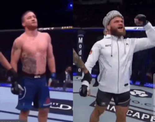 Two Men Boxing Ring One White UFC Jacket