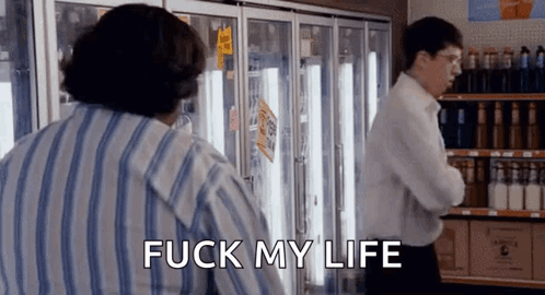 Two Men By Refrigerator Saying Fuck My Life GIF