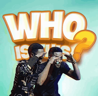 Two Men Covering Faces in Front of Sign Saying Who Is This