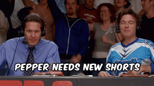 Two Men Crowd Saying Pepper Needs New Shorts