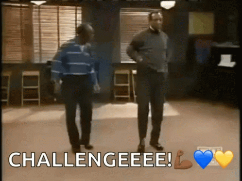 two men dancing in a room with the words challengeeee