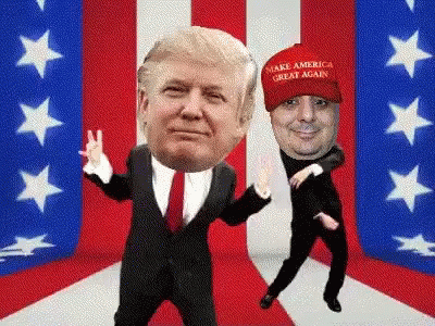 Two Men Dancing in Front of American Flag, One Wearing Make America Great Again Hat