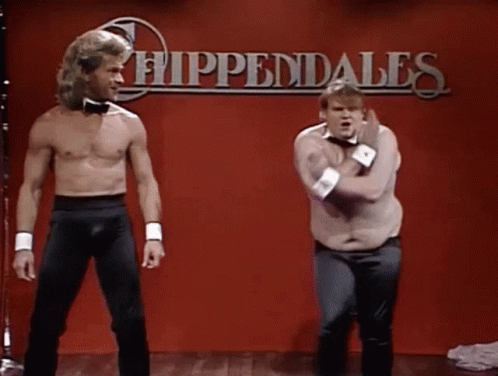 Two Men Dancing In Front Of Hippendales Sign GIF