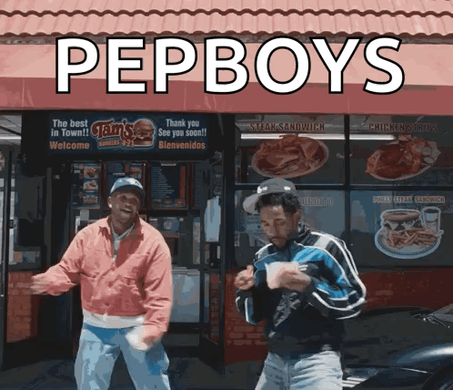 Two Men Dancing in Front of Pep Boys