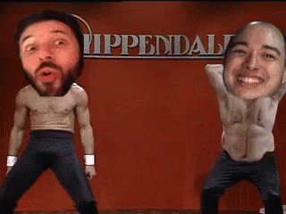 Two Men Dancing In Front Of Rippendal Sign GIF