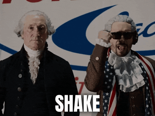 Two Men Dressed As George Washington And Abraham Lincoln Are Shaking GIF