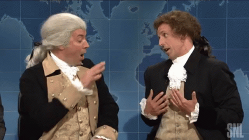Two Men Dressed As George Washington And Abraham Lincoln Are Standing Next To Each Other GIF