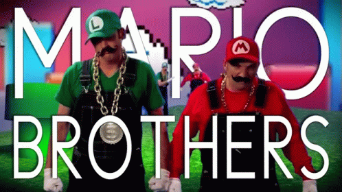 Two Men Dressed Up As Mario And Luigi Are Dancing GIF