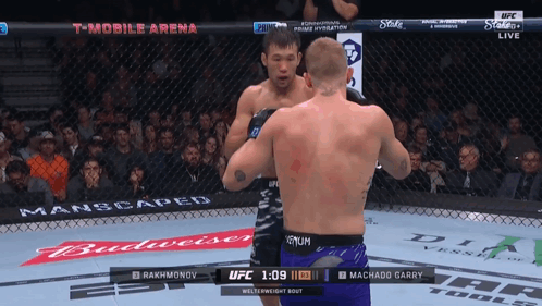 Two Men Fighting In Boxing Ring With Budweiser Ad GIF