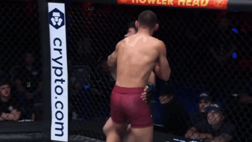 Two Men Fighting in Cage With Crypto.com Sign