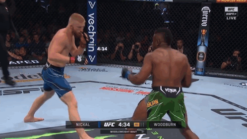 Two Men Fighting in UFC Match One Wearing Green Shorts With Burn