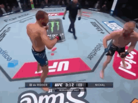 Two Men Fighting in UFC Ring With Monster Energy
