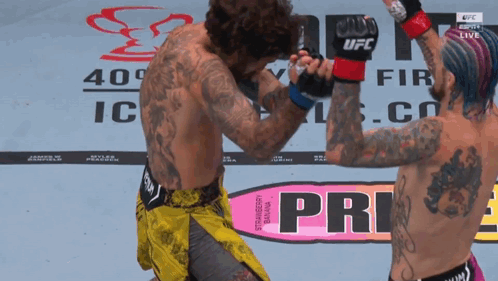Two Men Fighting Near Sign Saying Pri