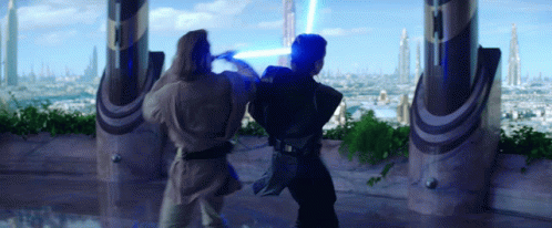 Two Men Fighting with Lightsabers