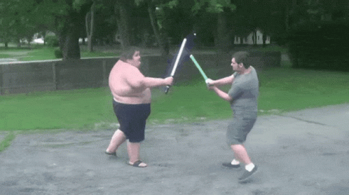Two Men Fighting with Lightsabers