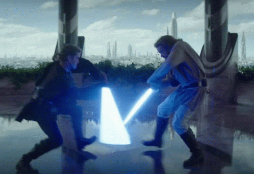 Two Men Fighting with Lightsabers