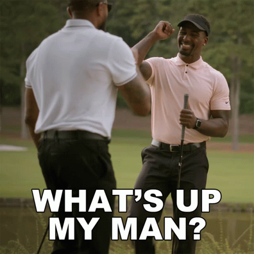 Two Men High-Fiving Saying What's Up My Man GIF