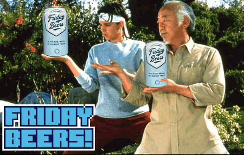 Two Men Holding Cans Of Friday Beers In Front Of A Sign That Says Friday Beers GIF