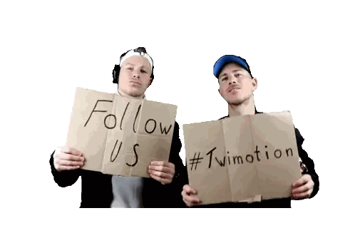 Two Men Holding Follow Us and #Twimotion Signs