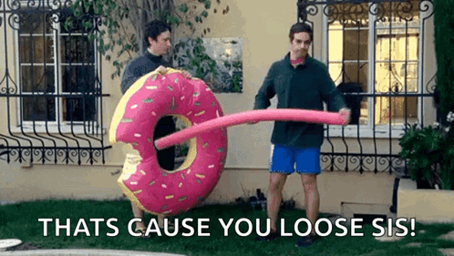 Two Men Holding Giant Donut Pool Noodle GIF