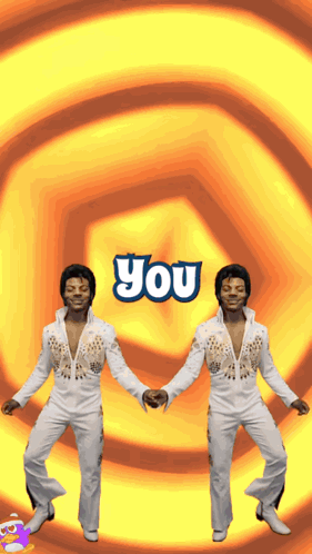 two men holding hands in front of a yellow and orange background with the word you on it