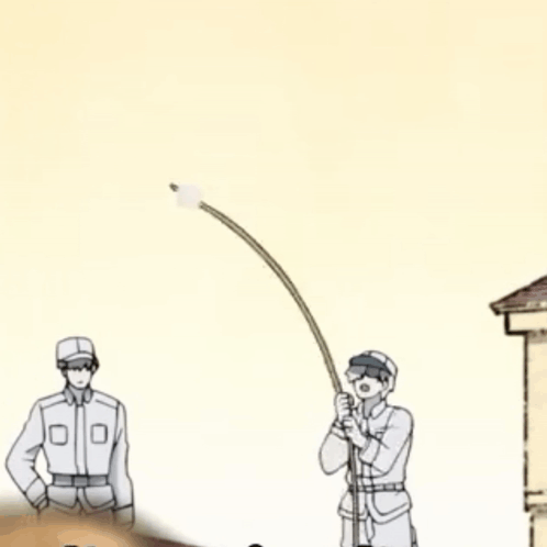 Two Men Holding Long Stick GIF