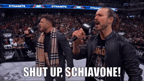 Two Men Holding Microphones In Front Of Crowd GIF