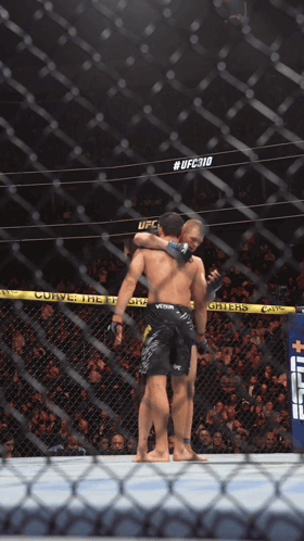 Two Men Hugging In Boxing Ring UFC310 GIF