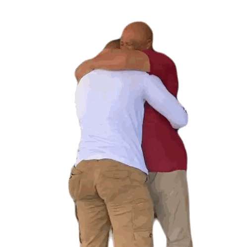 Two Men Hugging One in Red Shirt