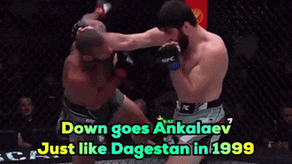 Two Men In A Boxing Ring With The Words Down Goes Ankalaev Just Like Dagestan In 1999 On The Bottom GIF